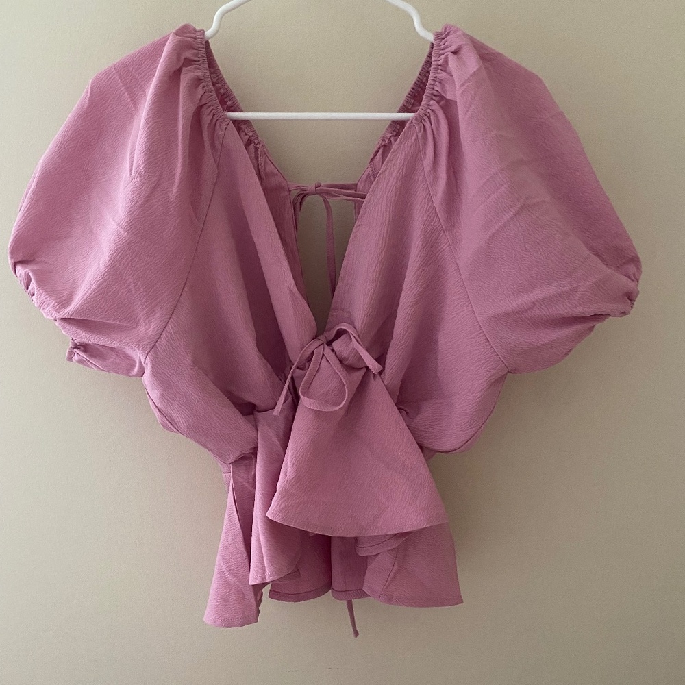 Pink Puff Sleeve Open Back Tie Top – Feminine & Flowy